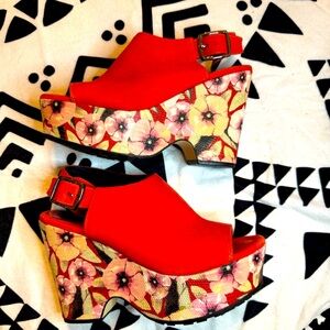Orange-Red Platform Wedge Sandals